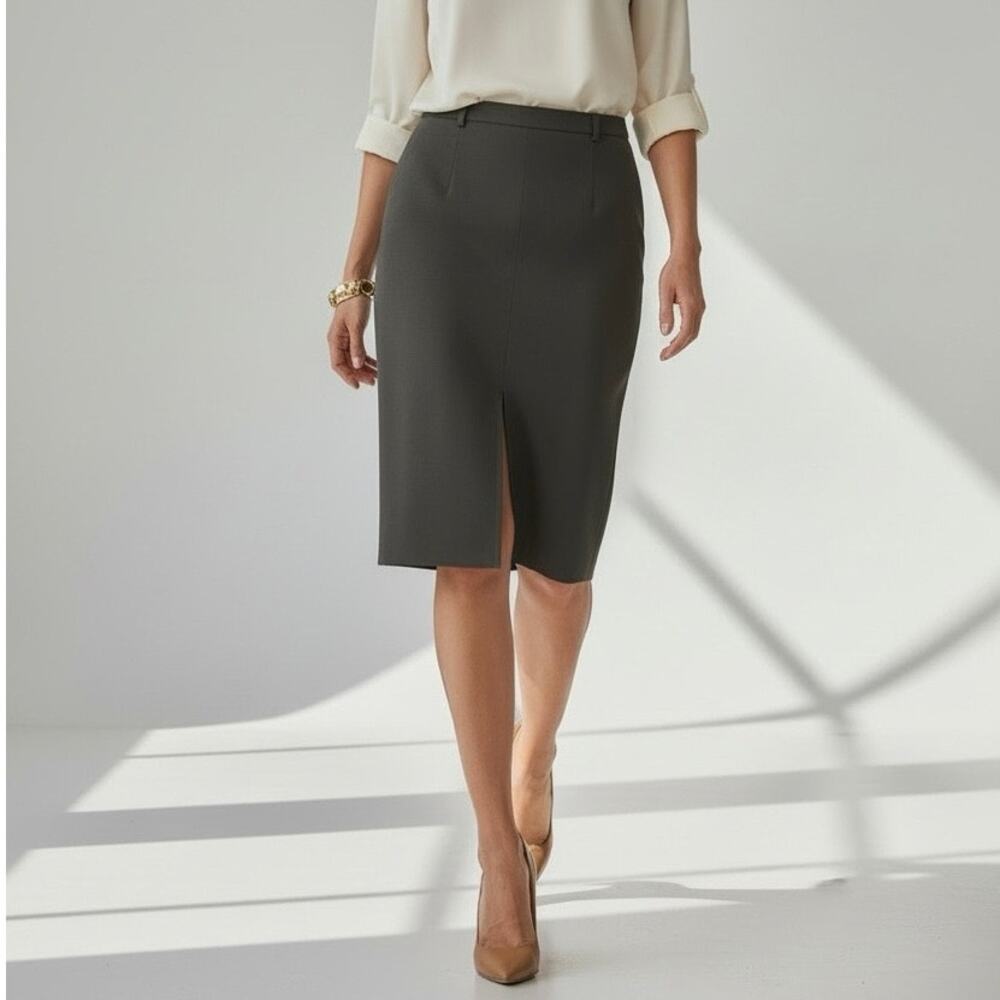 Olive Knee Length Preppy Pencil Skirt Front Slit Knit Corpcore Professional S